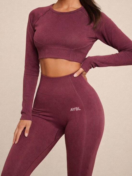 AYBL Pants - AYBL Empower Seamless Set Red Wine Small | Long Sleeve Crop Top + Leggings | Gym
